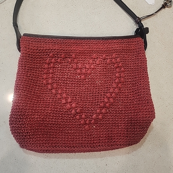 Brighton Corey Red Woven Straw Bag Purse Lined Leather Trim Heart - Picture 5 of 11